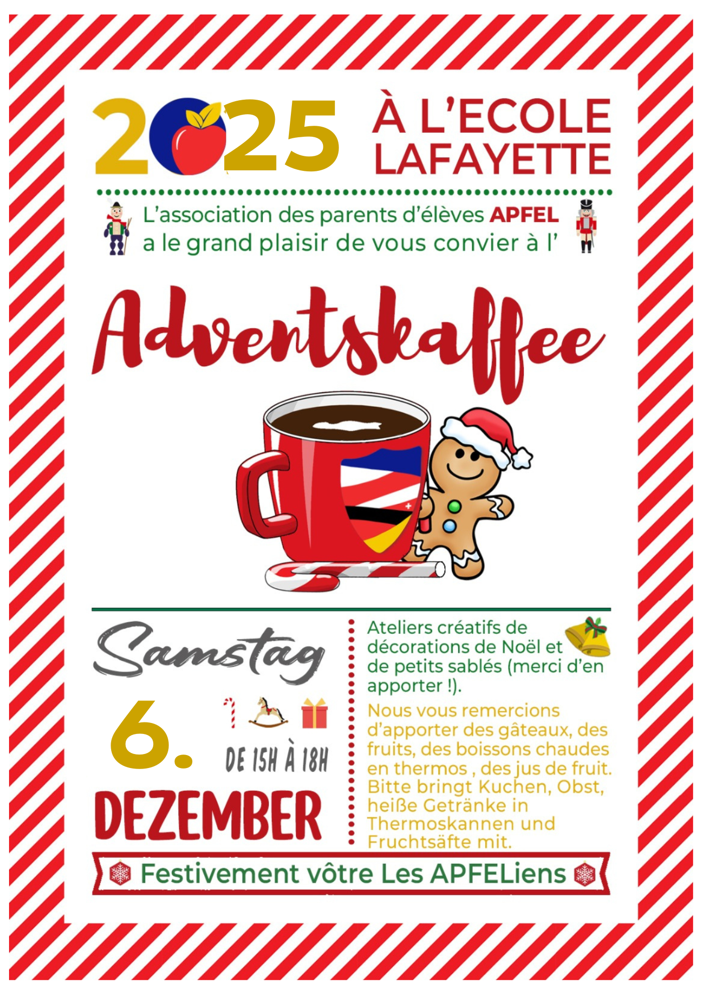 Invitation originale : Adventskaffee le 6 décembre 2025 de 15 h à 18 h à l’école Lafayette